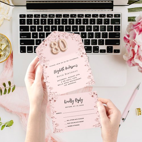 80th birthday rose gold blush stars party RSVP All In One Invitation