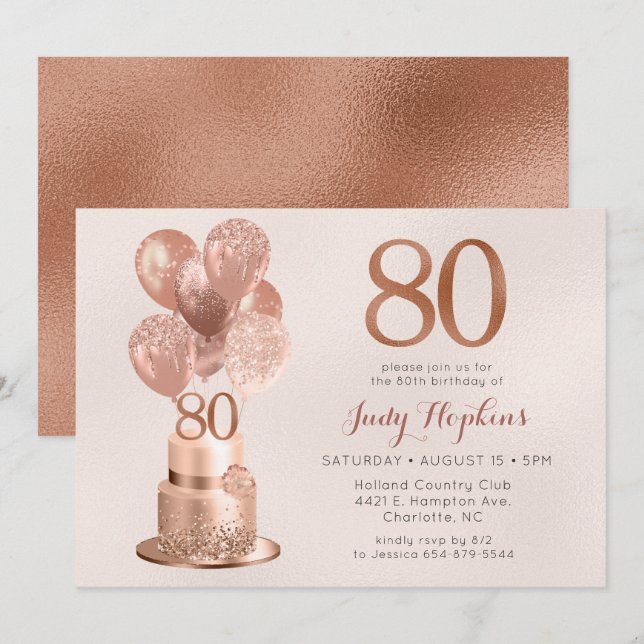 80th Birthday Rose Gold Cake Invitation (Front/Back)