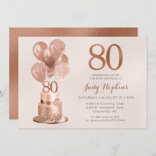 80th Birthday Rose Gold Cake Invitation