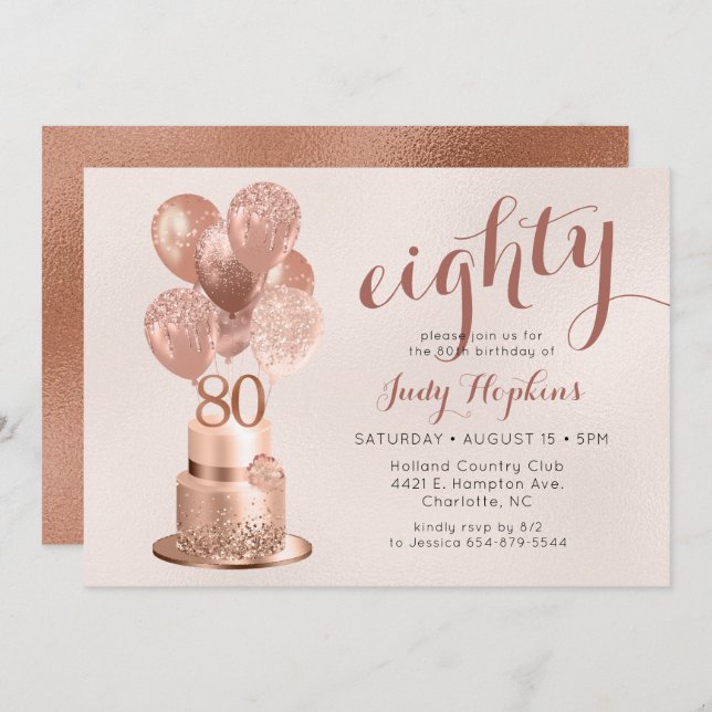80th Birthday Rose Gold Cake Invitation (Front/Back)