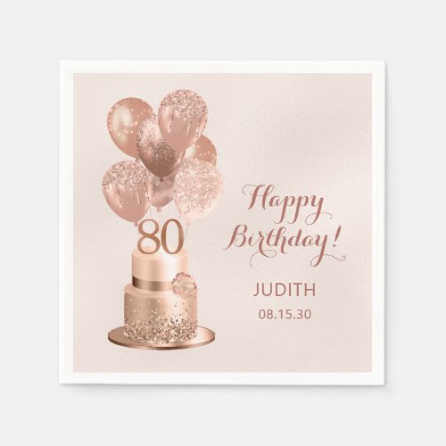 80th Birthday Rose Gold Cake  Napkins