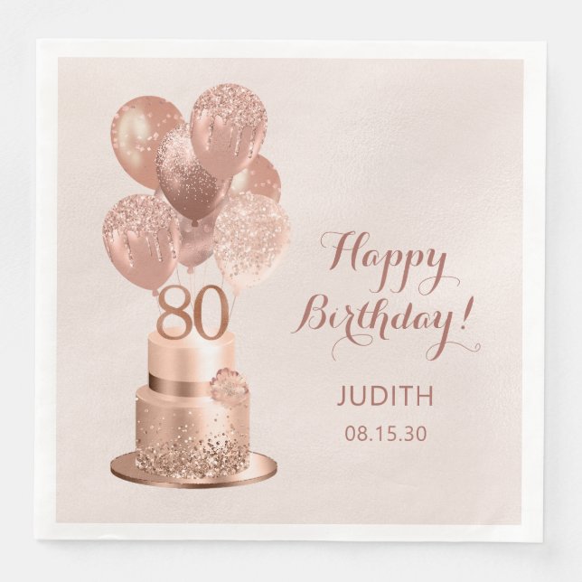 80th Birthday Rose Gold Cake  Paper Dinner Napkins (Front)