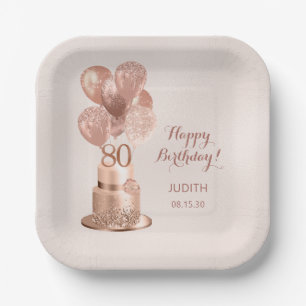80th Birthday Rose Gold Cake Paper Plate