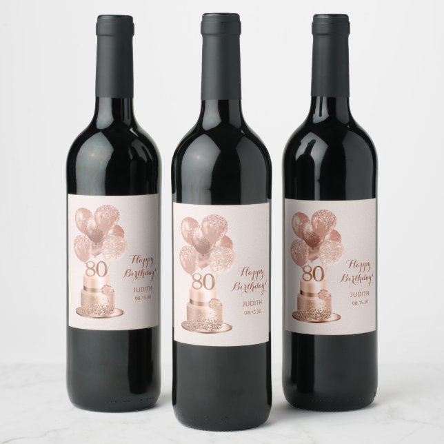 80th Birthday Rose Gold Cake  Wine Label (Bottles)