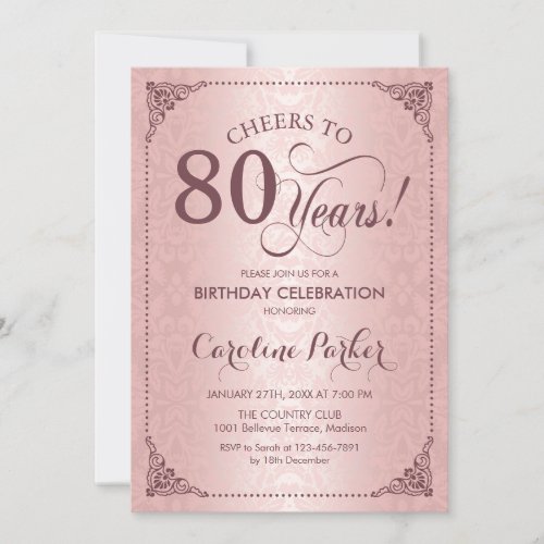 80th Birthday _ Rose Gold Damask Invitation