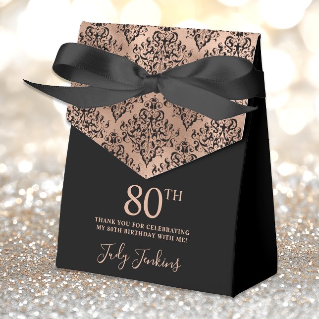 80th Birthday Rose Gold Damask Thank You Favor Boxes (Creator Uploaded)