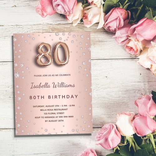 80th birthday rose gold diamons balloon script postcard