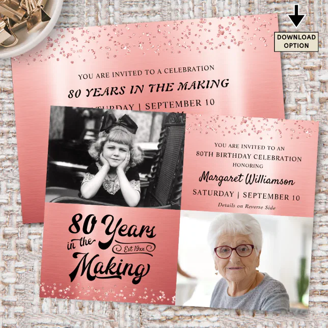 80th Birthday Rose Gold Glitter 2 Photo Invitation | Zazzle