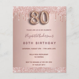 80th birthday rose gold glitter budget invitation flyer | Zazzle