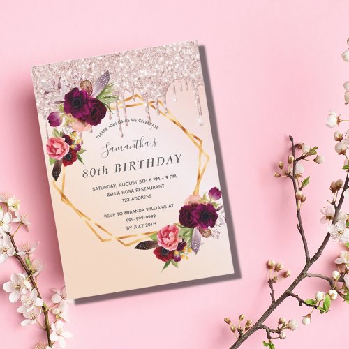 80th birthday rose gold glitter burgundy florals invitation