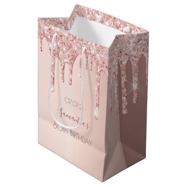80th birthday rose gold glitter drips name medium gift bag (Front Angled)