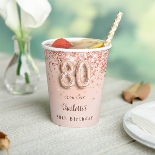 80th birthday rose gold glitter monogram name paper cups