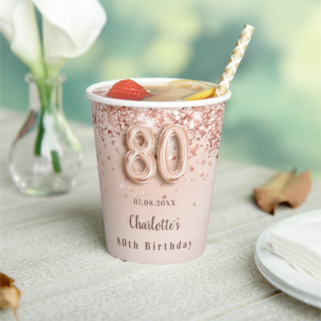 80th birthday rose gold glitter monogram name paper cups (Insitu)