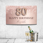 80th birthday rose gold glitter pink balloon style banner<br><div class="desc">Elegant, classic, glamorous and girly for a 80th birthday party. Rose gold and blush pink, gradient background. Decorated with rose gold, pink faux glitter drips, paint dripping look. Personalize and add a name. With the text: Happy Birthday plus the birthday girls name. The text is written with a modern dark...</div>