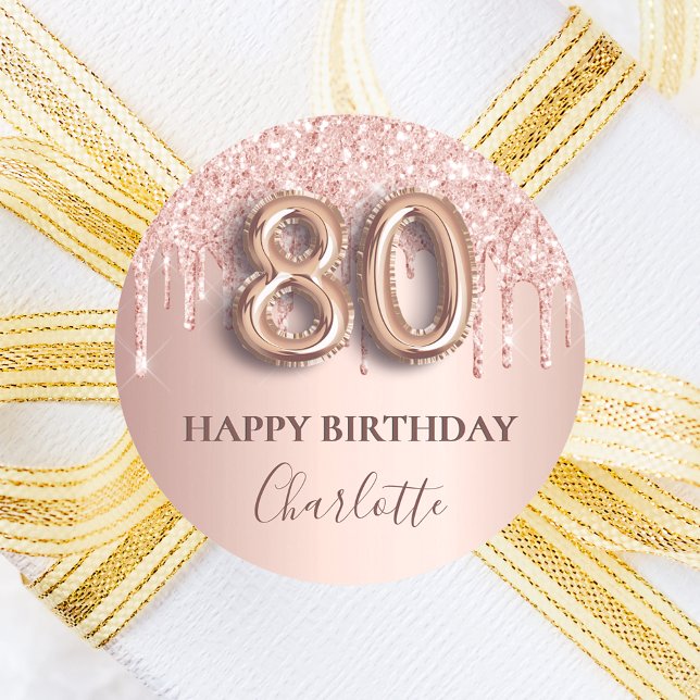 80th birthday rose gold glitter pink balloon style classic round sticker (Creator Uploaded)
