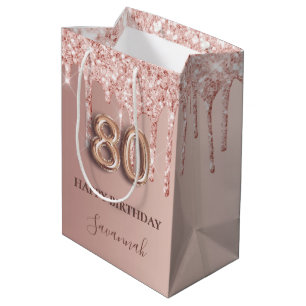 80th birthday rose gold glitter pink balloon style medium gift bag