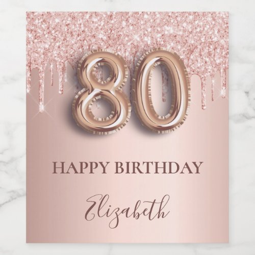 80th birthday rose gold glitter pink balloon style wine label