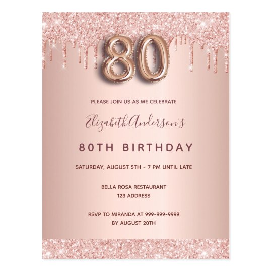 80th birthday rose gold glitter pink invitation postcard | Zazzle.com