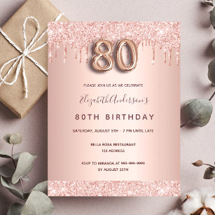 80th birthday rose gold glitter pink invitation postcard