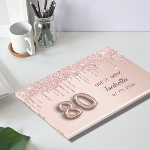 80th birthday rose gold glitter pink monogram chic guest book