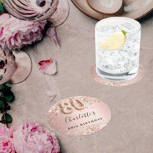 80th birthday rose gold name round paper coaster