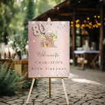 80th birthday rose gold photo silver welcome foam board<br><div class="desc">A welcome board for a feminine and glamorous 80th birthday party.  A rose gold background decorated with faux silver sparkles.   Personalize and add a photo and name.  Number 80 is written with a balloon style font.
Back: no design</div>
