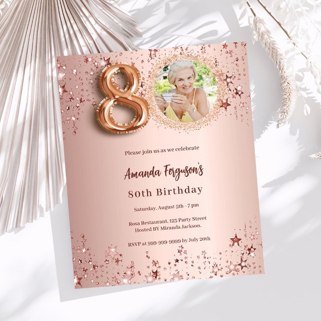 80th Birthday rose gold photo stars invitation (Creator Uploaded)