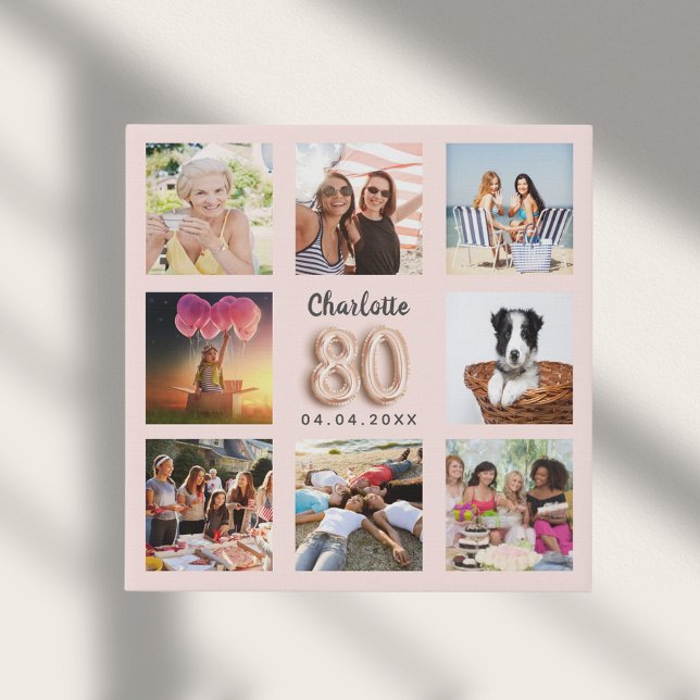 80th birthday rose gold pink custom photo collage faux canvas print (Creator Uploaded)