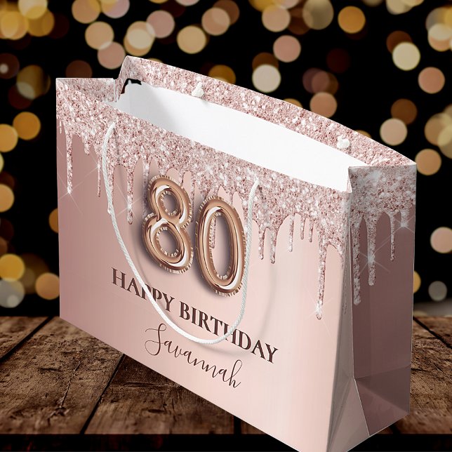 80th birthday rose gold pink drips large gift bag (Creator Uploaded)