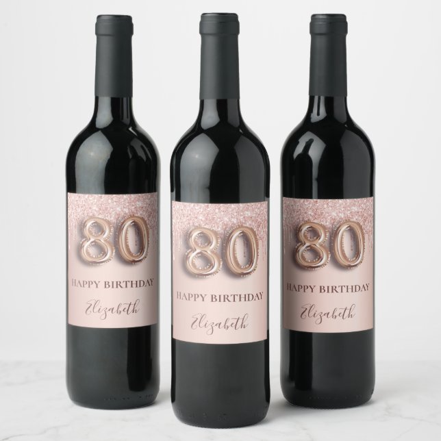 80th birthday rose gold pink drips wine label (Bottles)