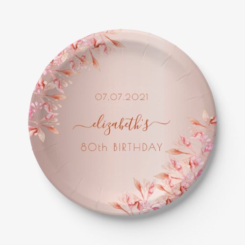80th Birthday rose gold pink florals botanical Paper Plates