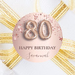80th birthday rose gold pink stars balloon font classic round sticker<br><div class="desc">Elegant, classic, glamorous and girly for a 80th birthday party. Rose gold and blush pink, gradient background. Decorated with rose gold, pink sparkling stars. Personalize and add a name. With the text: Happy Birthday plus the birthday girls name. The name is written with a modern dark rose colored hand lettered...</div>
