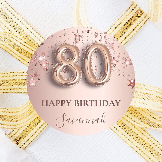 80th birthday rose gold pink stars balloon font classic round sticker (Creator Uploaded)