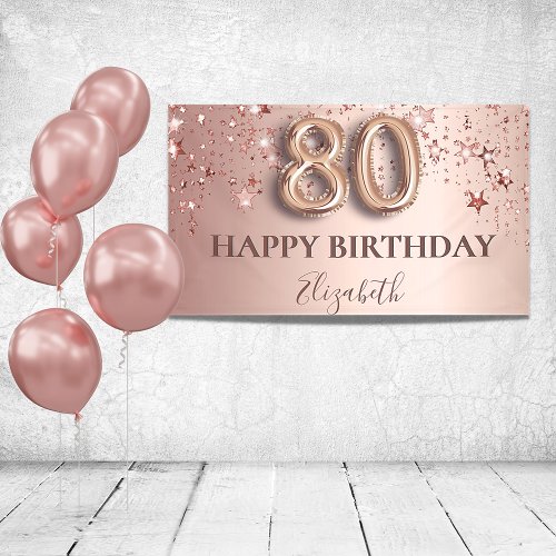 80th birthday rose gold pink stars balloon script banner