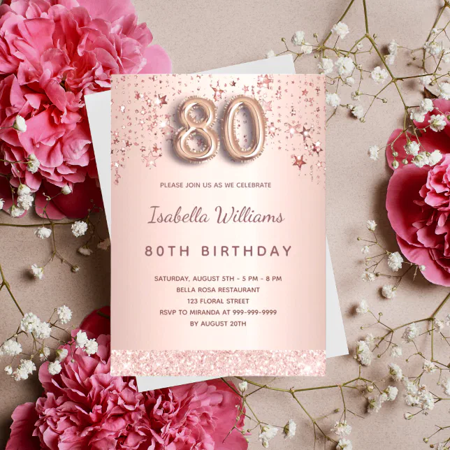 80th birthday rose gold pink stars balloon script invitation | Zazzle