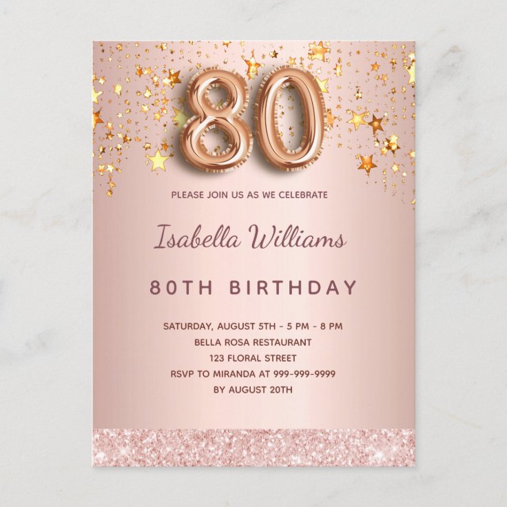 80th birthday rose gold pink stars balloon script postcard | Zazzle