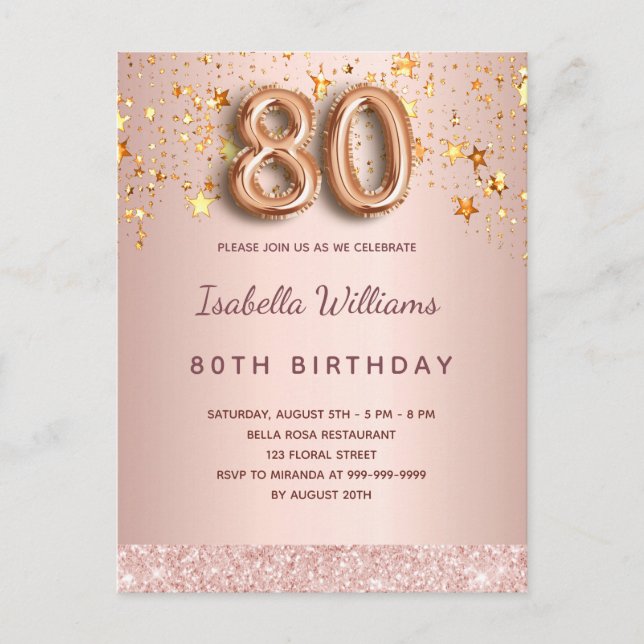 80th birthday rose gold pink stars balloon script postcard (Front)