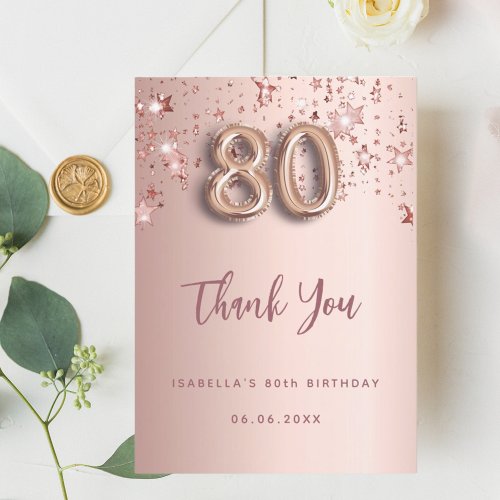 80th birthday rose gold pink stars thank you card
