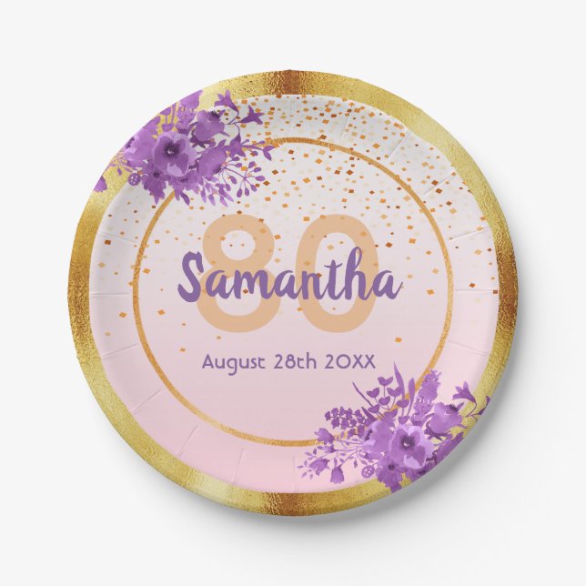 80th birthday rose gold purple florals name paper plates (Front)