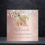 80th birthday rose gold silver photo glitter dust foam board<br><div class="desc">A welcome board for a glamorous 80th birthday party.  A rose gold faux metallic looking background decorated with faux silver glitter dust.   Personalize and add a photo and name.  Number 80 is written with a balloon style font.
Back: no design</div>