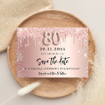 80th birthday rose gold silver save the date announcement postcard<br><div class="desc">A Save the Date for a 80th birthday party. Rose gold gradient background decorated with rose gold and faux silver glitter drips. Personalize and add a date and name/text. The text: Save the Date is written with a large trendy hand lettered style script with swashes. Number 80 with a balloon...</div>