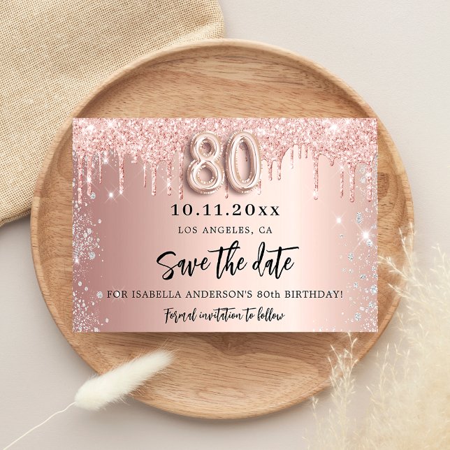 80th birthday rose gold silver save the date announcement postcard (Creator Uploaded)