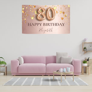 80th birthday rose gold stars pink balloon script banner