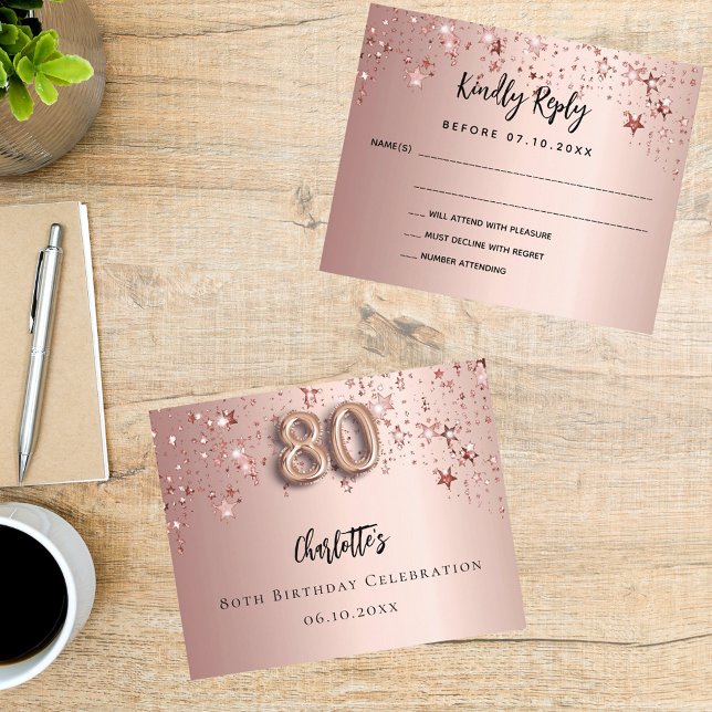 80th birthday rose gold stars RSVP budget card (Creator Uploaded)