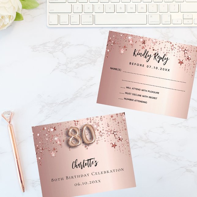 80th birthday rose gold stars RSVP budget card Flyer (Creator Uploaded)