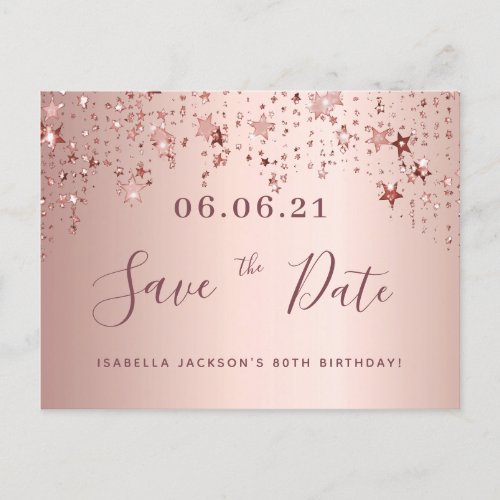 80th birthday rose gold stars save the date postcard