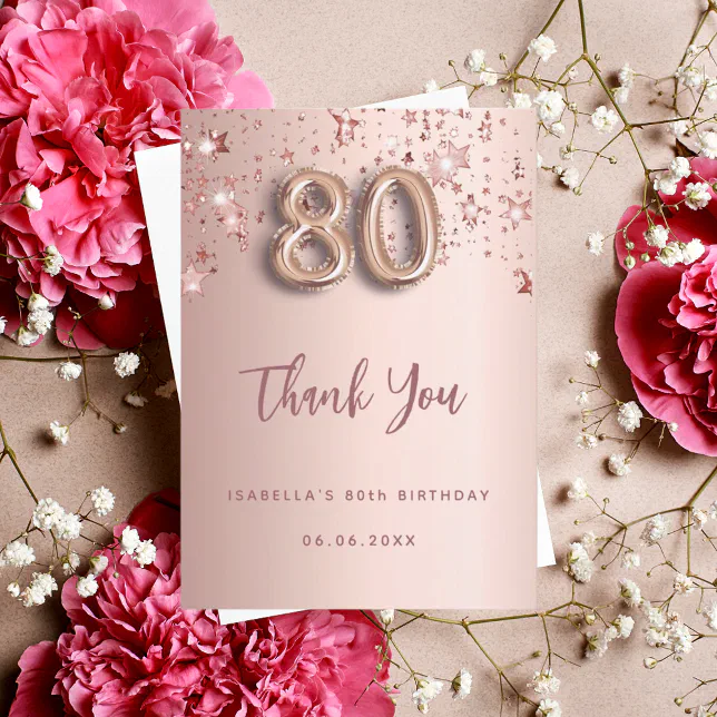 80th birthday rose gold stars thank you card | Zazzle