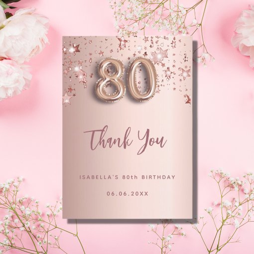 80th birthday rose gold stars thank you card Zazzle