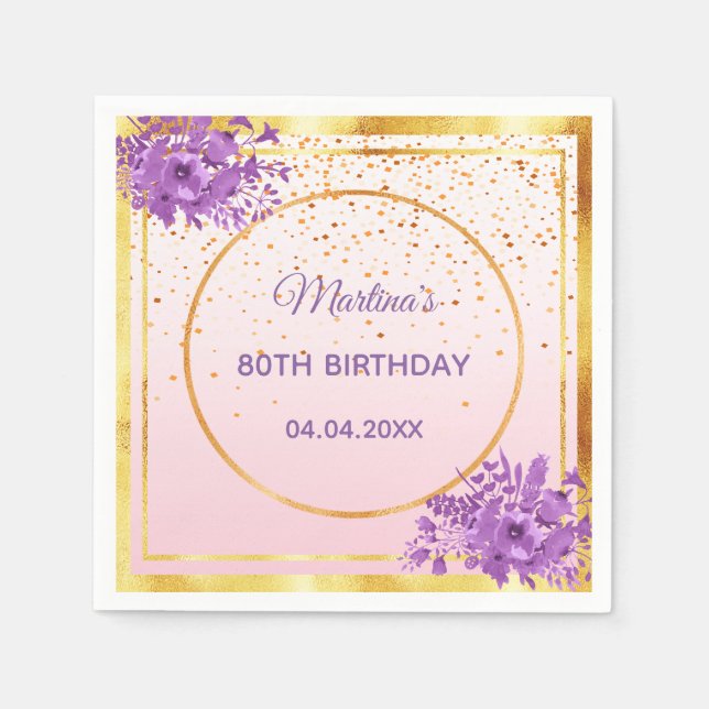 80th birthday rose gold violet flowers napkins (Front)