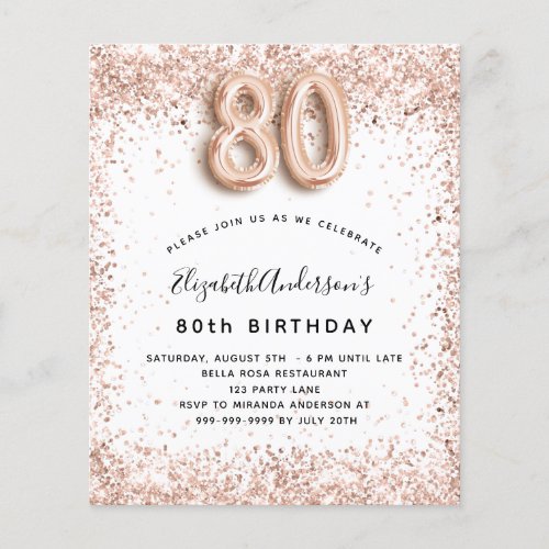 80th birthday rose gold white budget invitation flyer